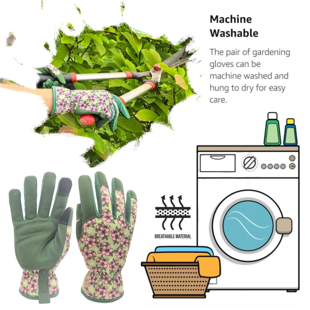 MSUPSAV gardening gloves with floral pattern on a garden backdrop