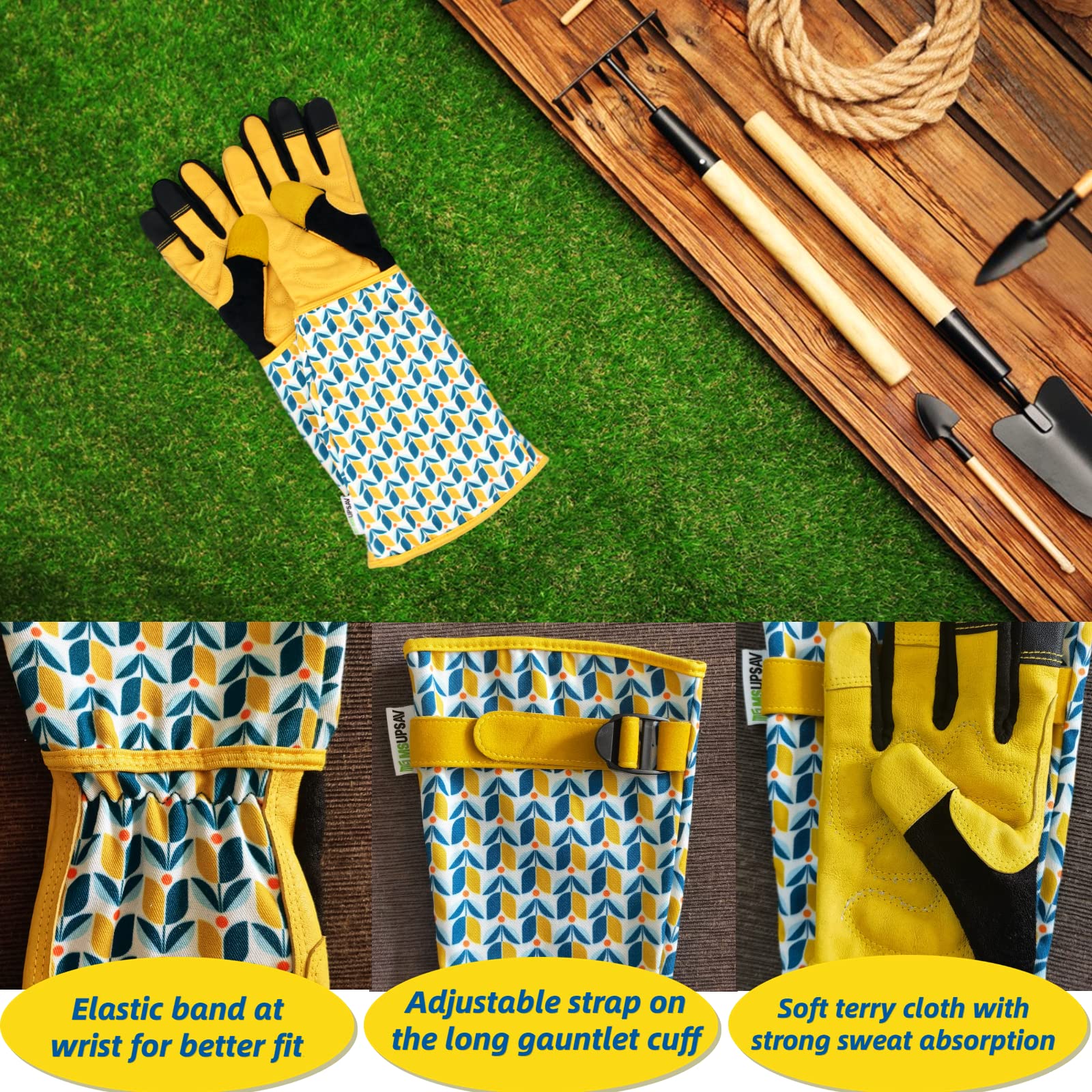 MSUPSAV Women's Garden Gloves showing leather palm and foam padding