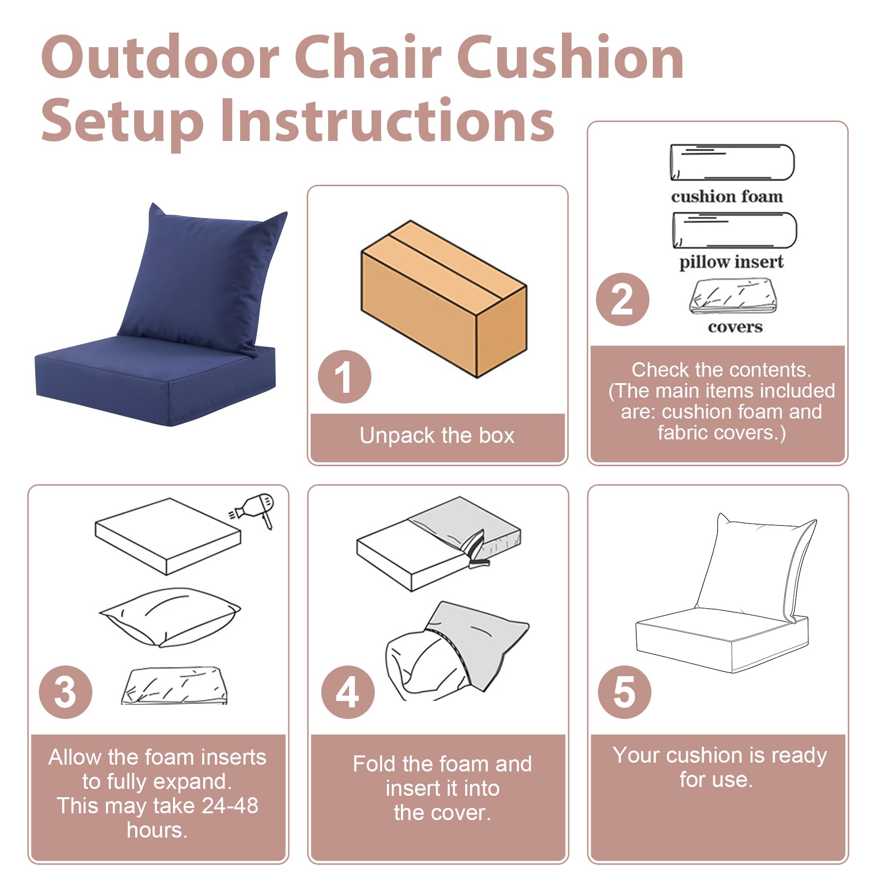 MuaMelop Outdoor Deep Seat Cushion Set in Navy Blue on a sunny patio