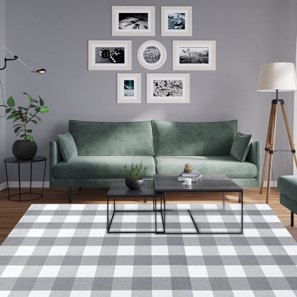 MUBIN Buffalo Plaid Rug laid out in a dining room