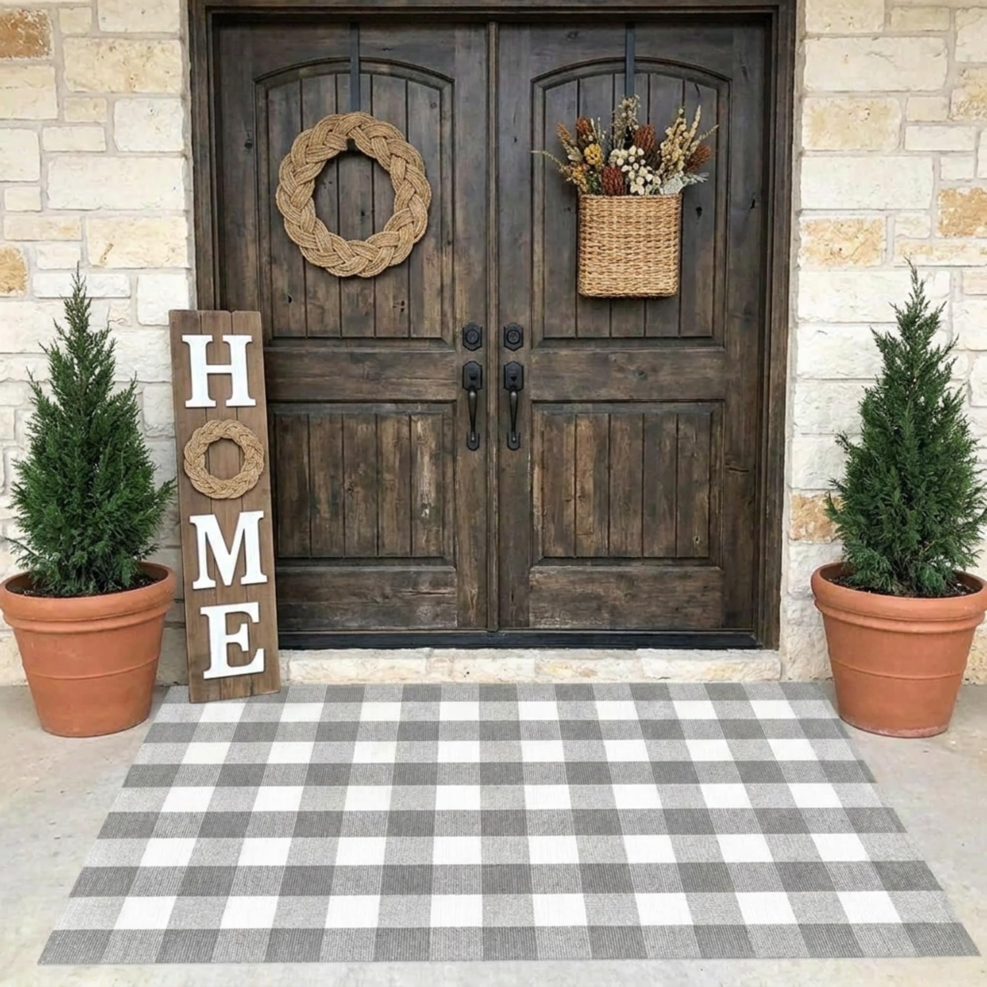 MUBIN Buffalo Plaid Rug on a patio with outdoor furniture