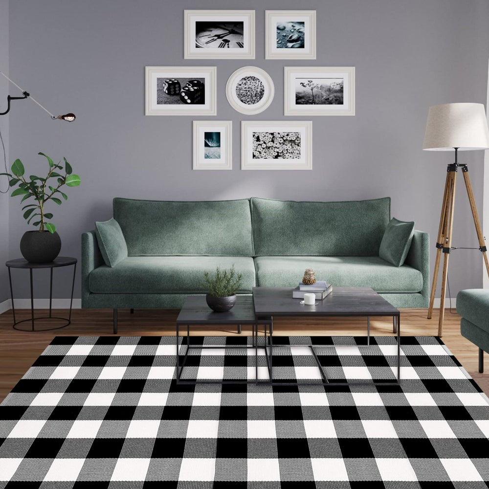 MUBIN Buffalo Plaid Rug under a coffee table