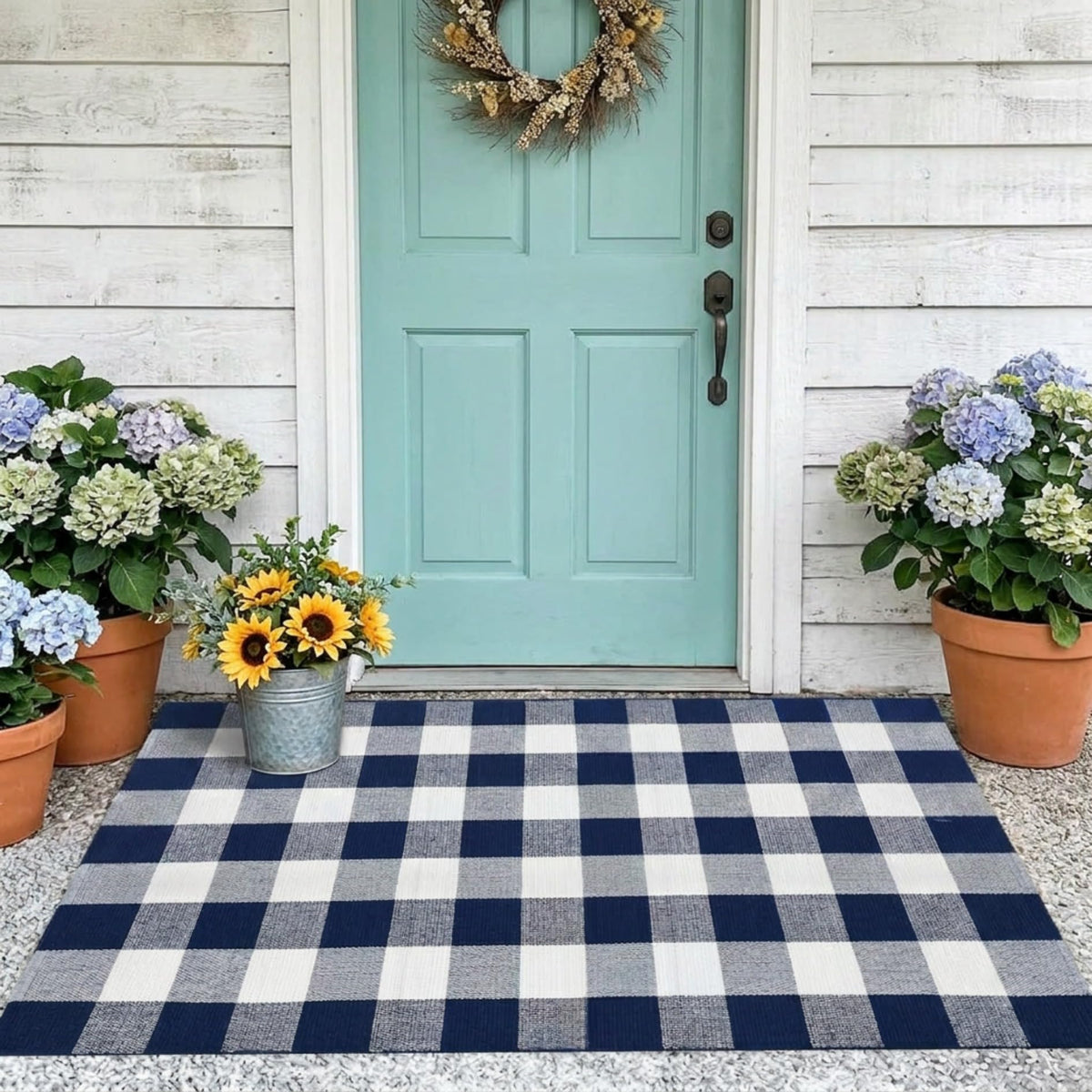 MUBIN Cotton Buffalo Plaid Rug 3' x 5' navy blue white front view