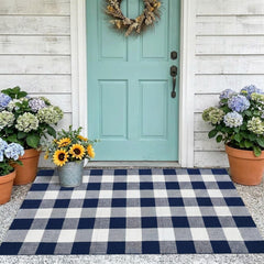 MUBIN Cotton Buffalo Plaid Rug 3' x 5' navy blue white front view