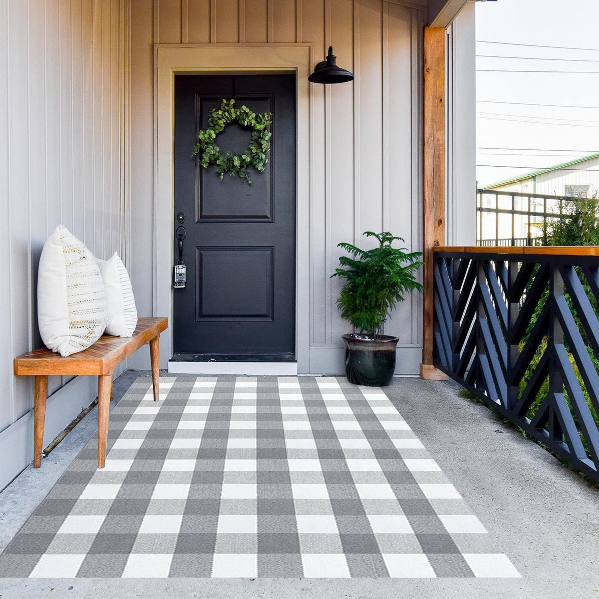 MUBIN Cotton Buffalo Plaid Rug 4' x 6' gray and white front view