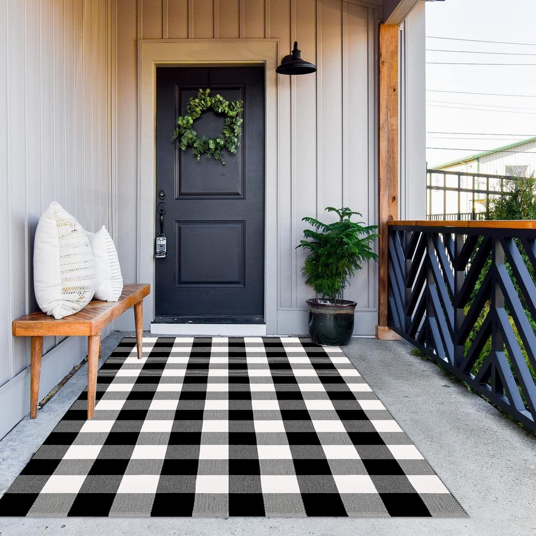 MUBIN Cotton Buffalo Plaid Rug front view, black and white