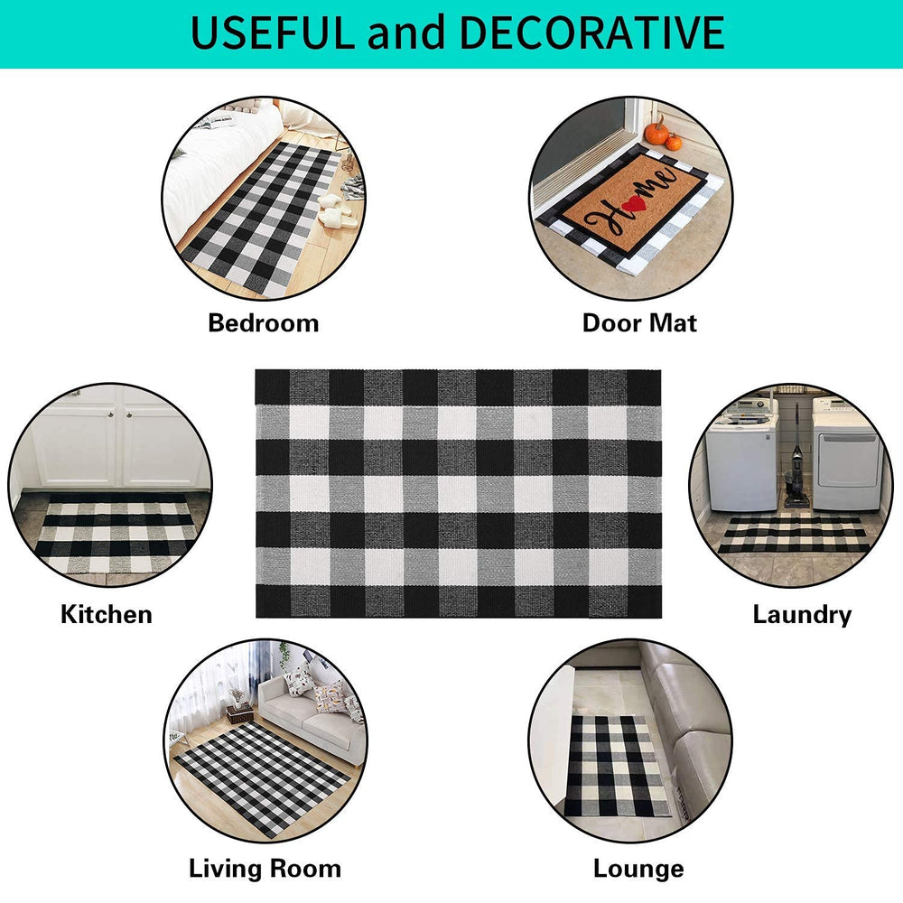 MUBIN Cotton Buffalo Plaid Rug layered with a HELLO doormat