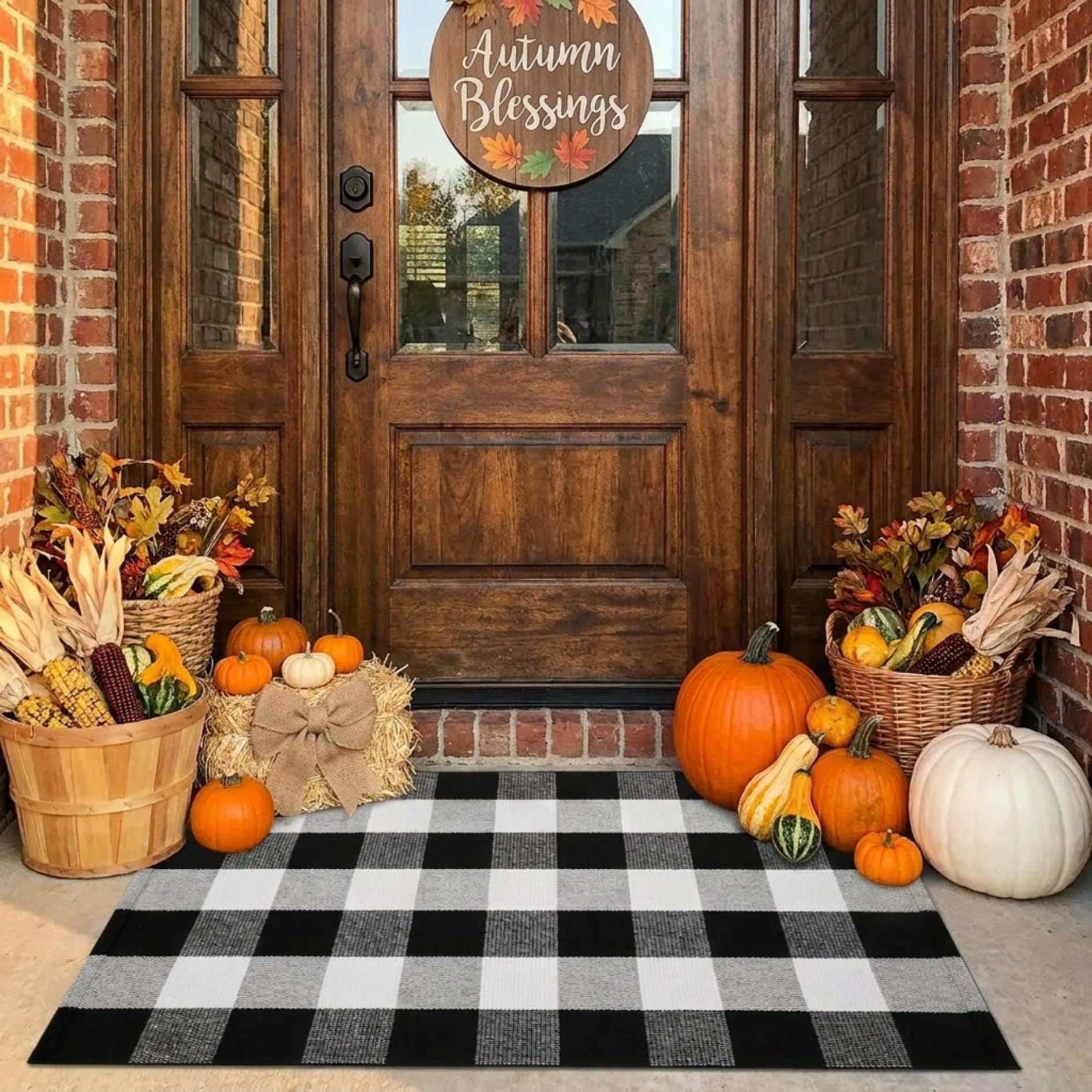 MUBIN Cotton Buffalo Plaid Rug on a patio