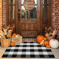 MUBIN Cotton Buffalo Plaid Rug on a patio