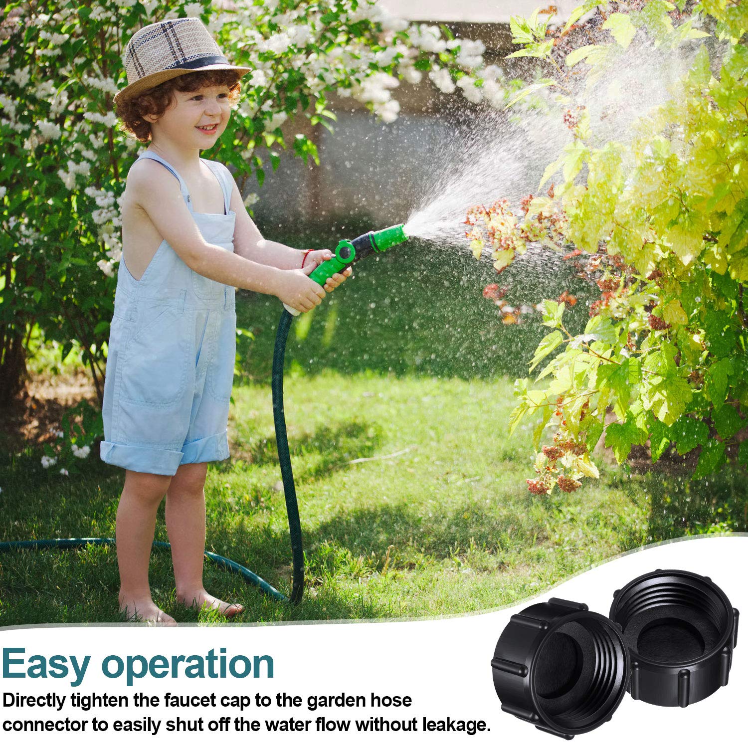 Mudder garden hose caps displayed on a garden table