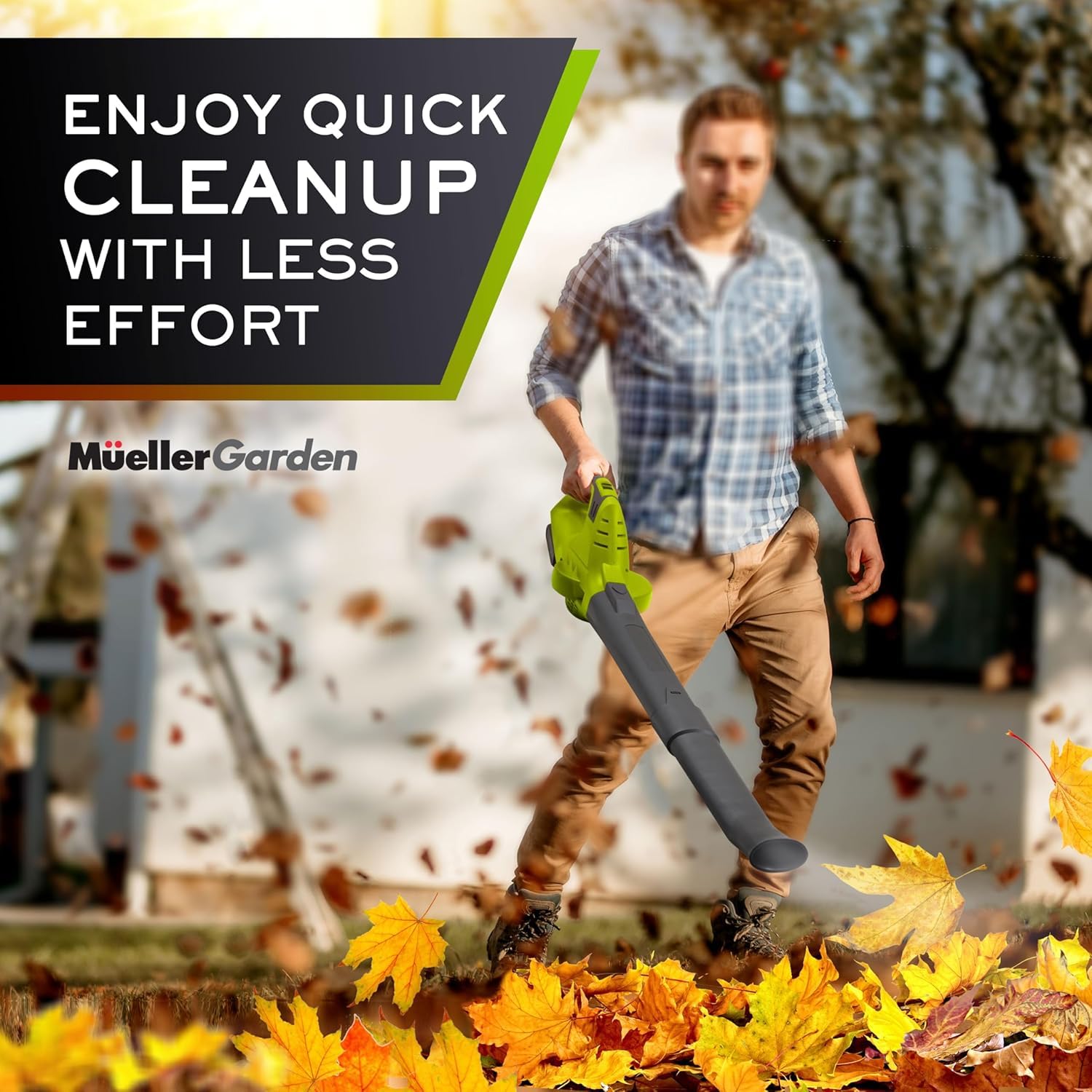 MUELLER HOME UltraStorm Leaf Blower compact storage in garage