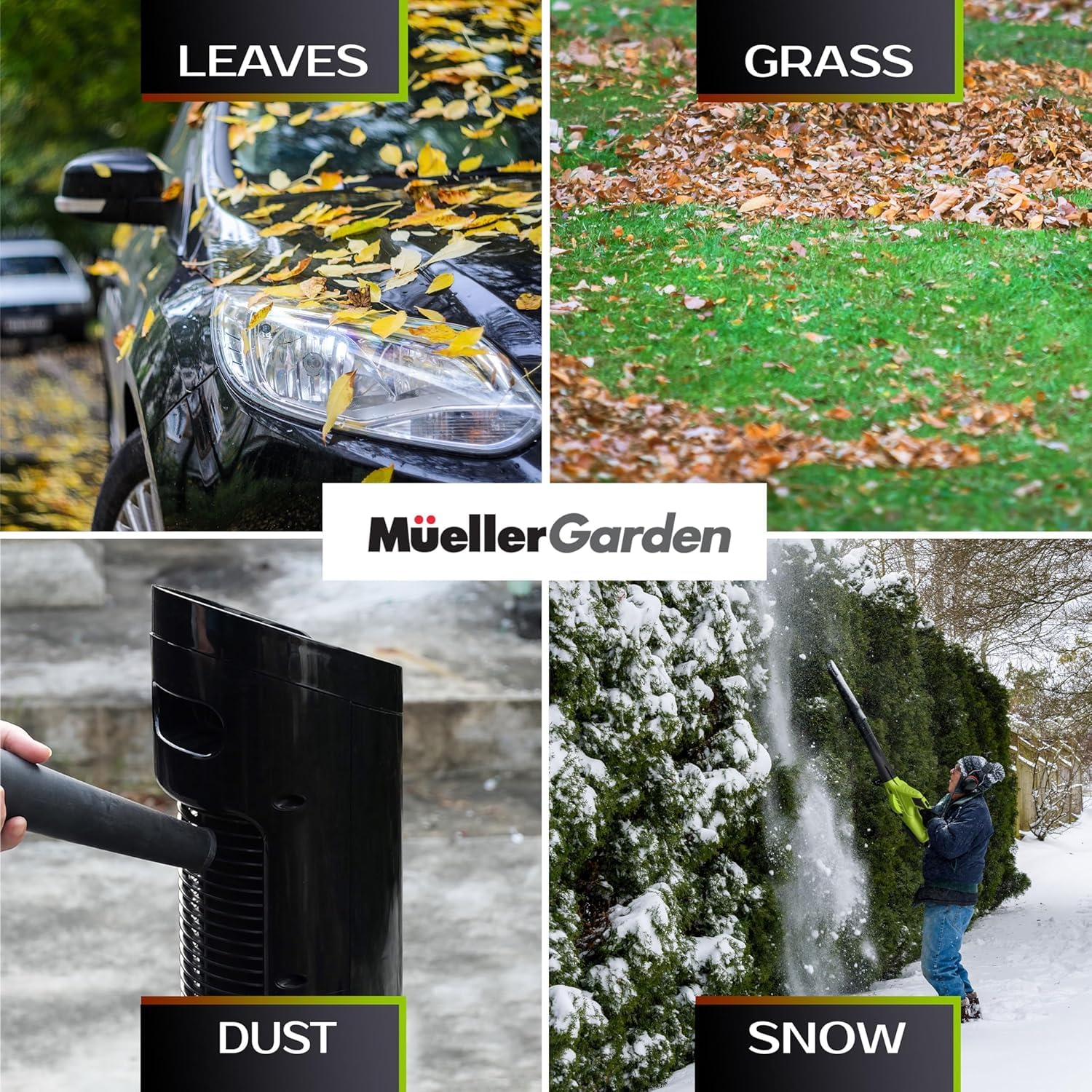 MUELLER HOME UltraStorm Leaf Blower showcasing two batteries