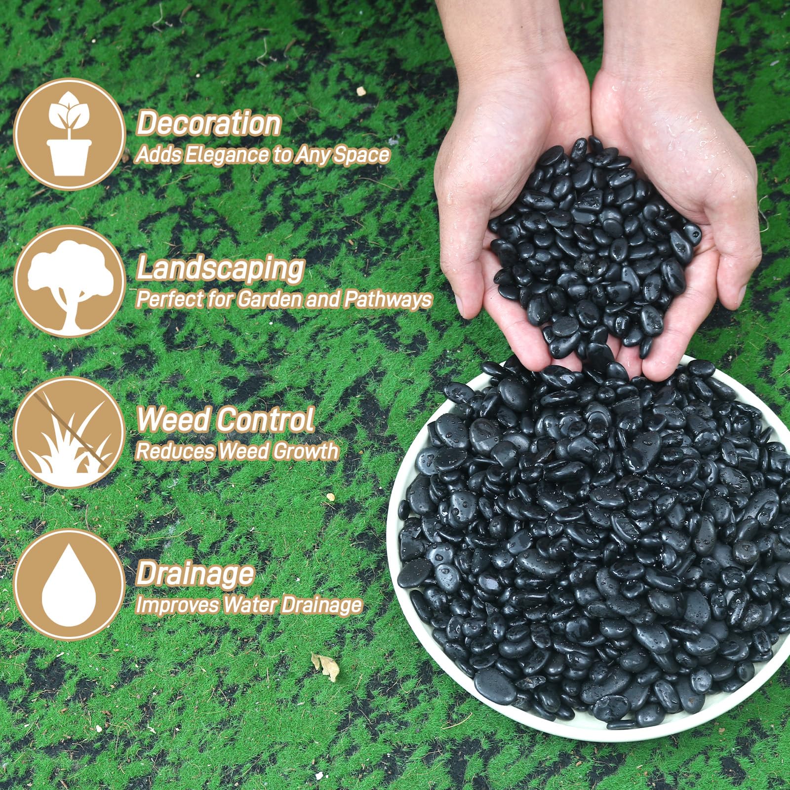 Mulctun black stones placed in a planter with plants
