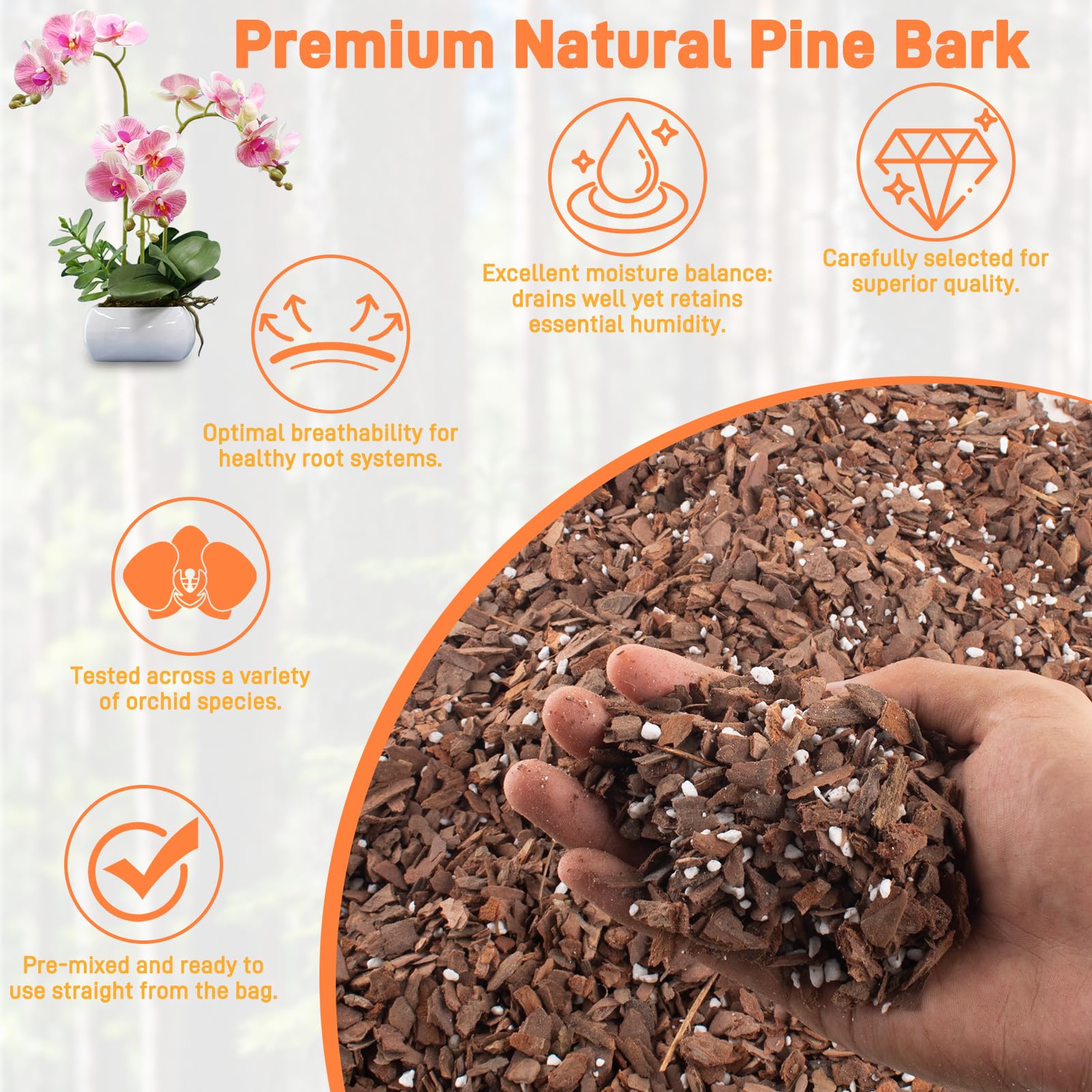 Mulctun Orchid Bark Mix with orchids in pot