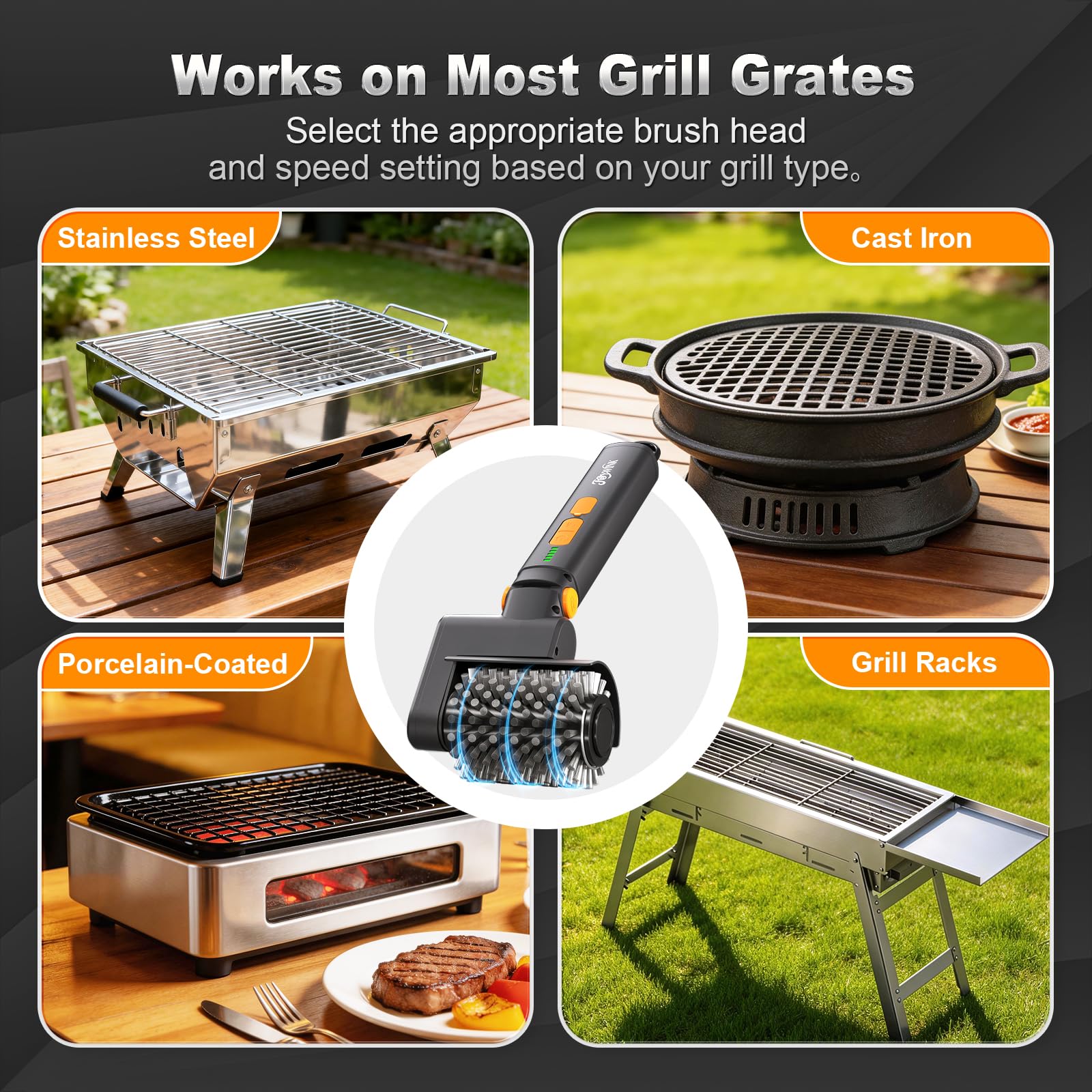 Multi-angle view of JOYWINK Electric Grill Brush in use