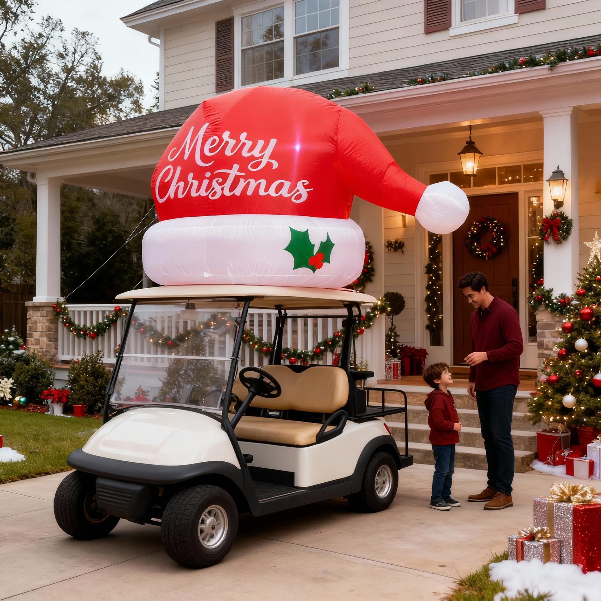 Multicolor inflatable Santa hat in a snowy environment