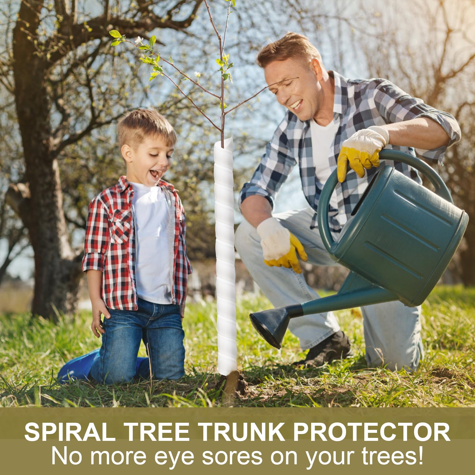 Multiple Aukney Tree Trunk Protectors against a natural backdrop