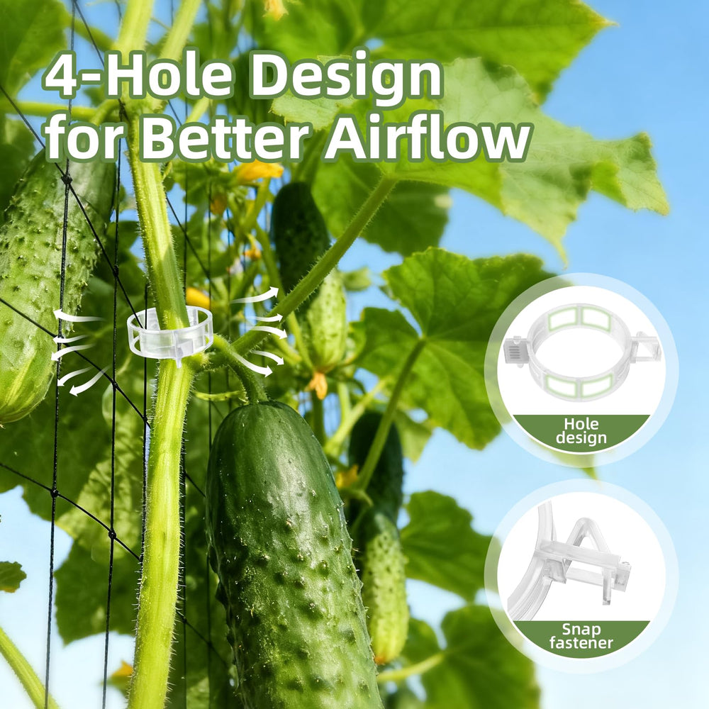 Multiple CLEANGOR Plant Support Clips holding cucumber vines
