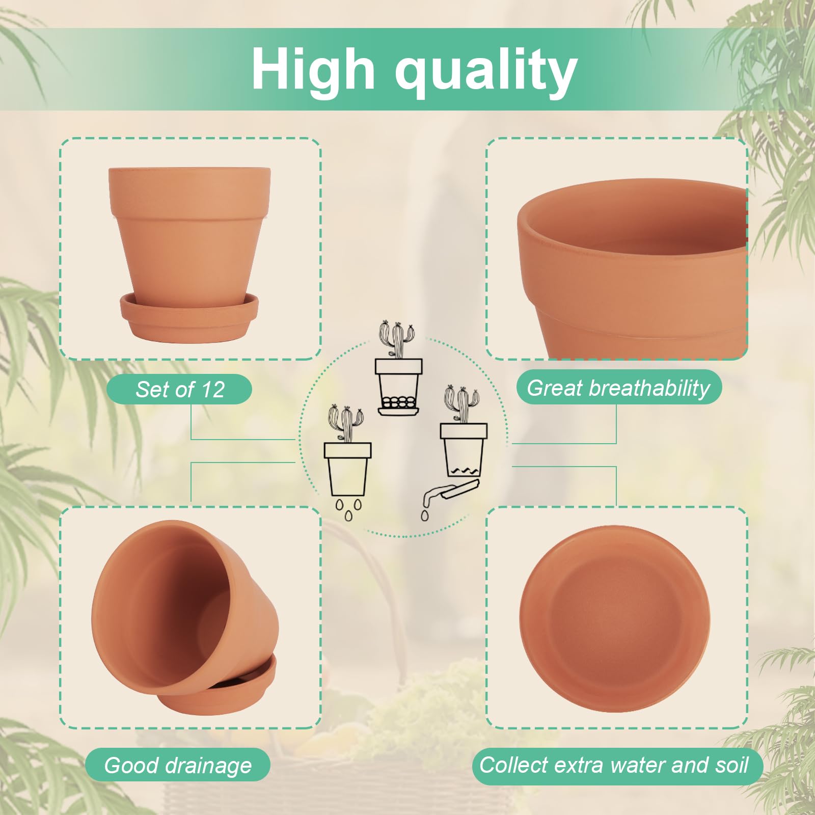 Multiple CUZZME terracotta pots on a garden table
