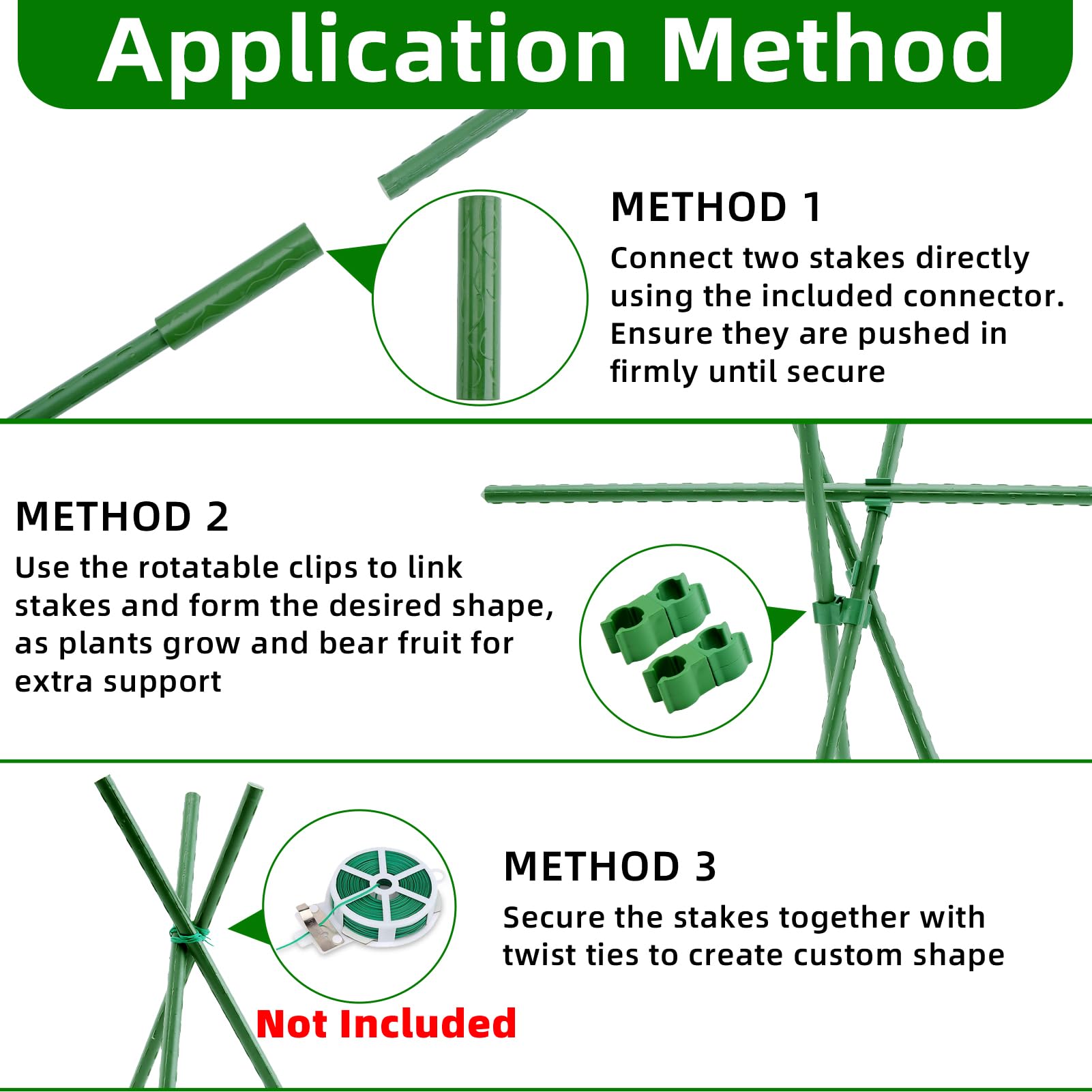 Multiple Fabulas Garden Stakes supporting tomato plants in a garden