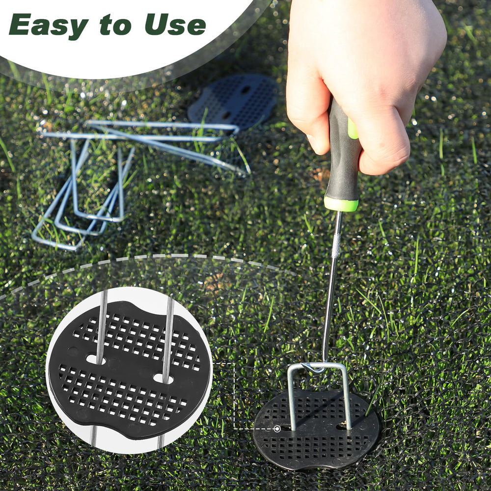 Multiple FEED GARDEN landscape staples securing landscape fabric