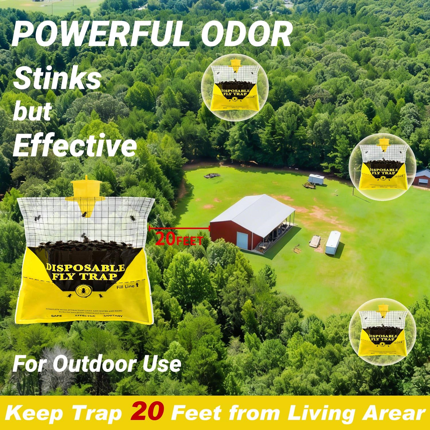 Multiple Glovv fly trap bags displayed in outdoor setting