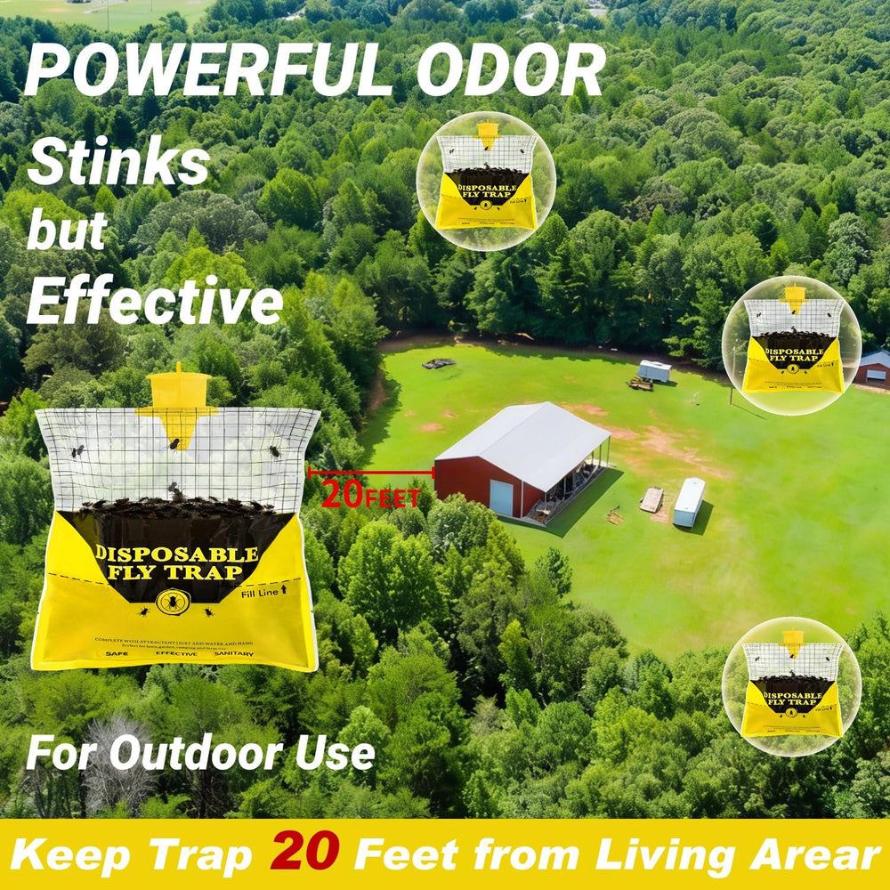 Multiple Glovv fly trap bags displayed in outdoor setting
