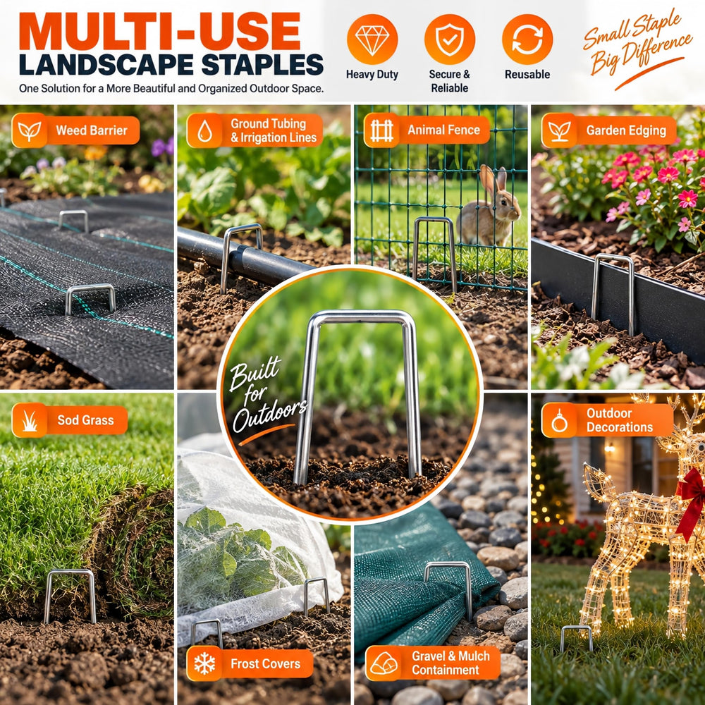 Multiple Gtongoko stakes securing landscape fabric