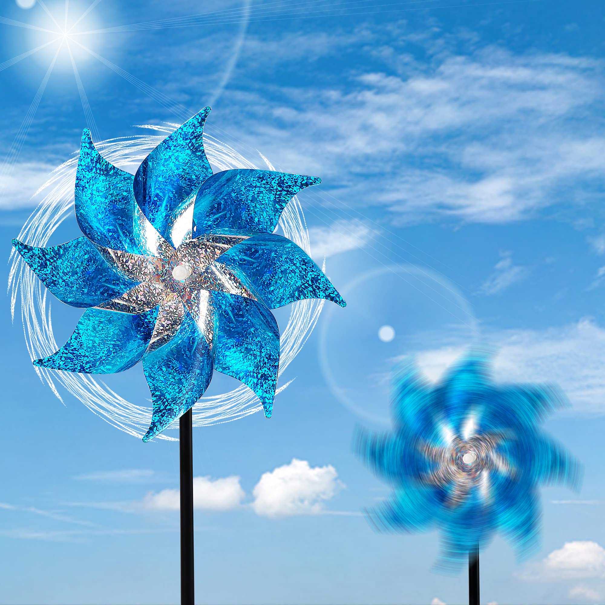 Multiple Hausse pinwheels set up in a garden