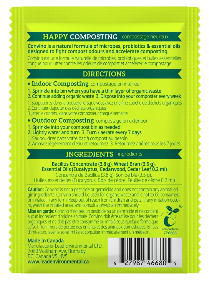 Multiple packets of Convino Compost Starter on a countertop