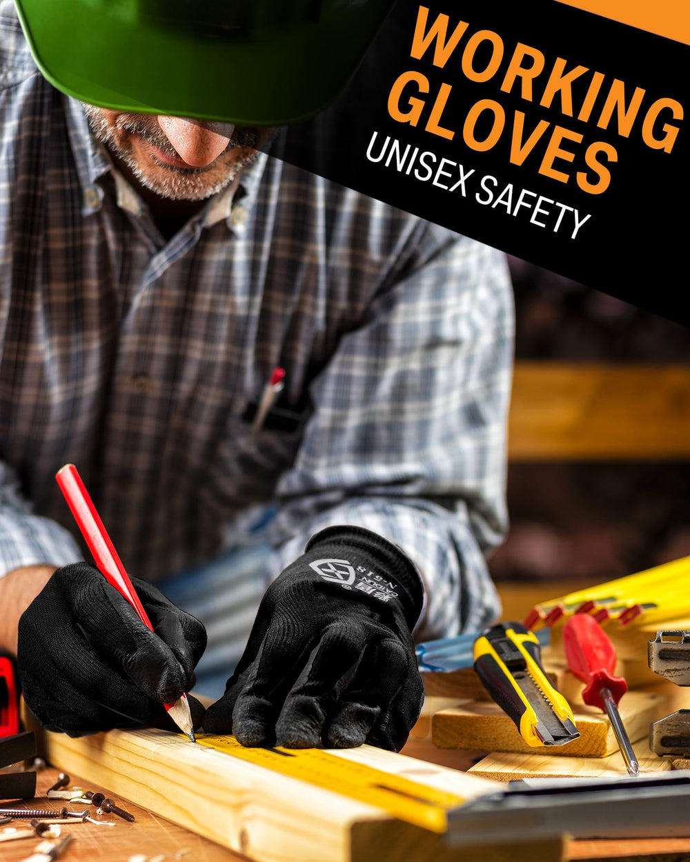 Multiple pairs of Potchen black gardening gloves stacked