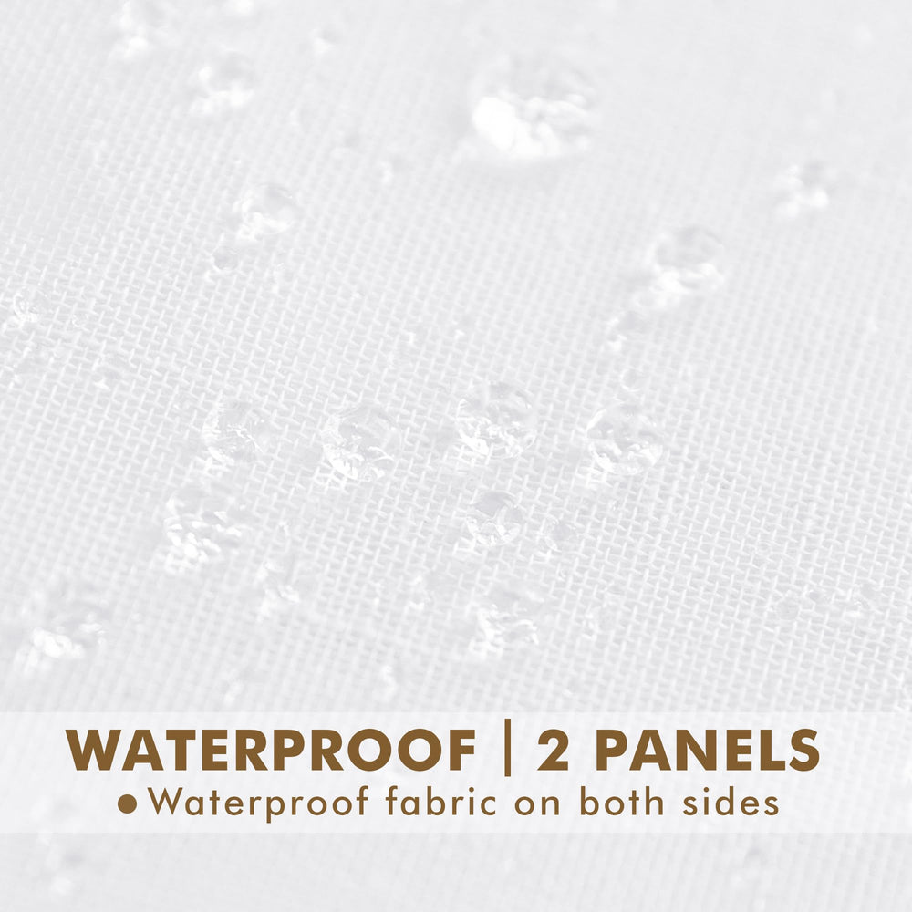 Multiple panels of HolidayIdeas outdoor curtains arranged outdoors