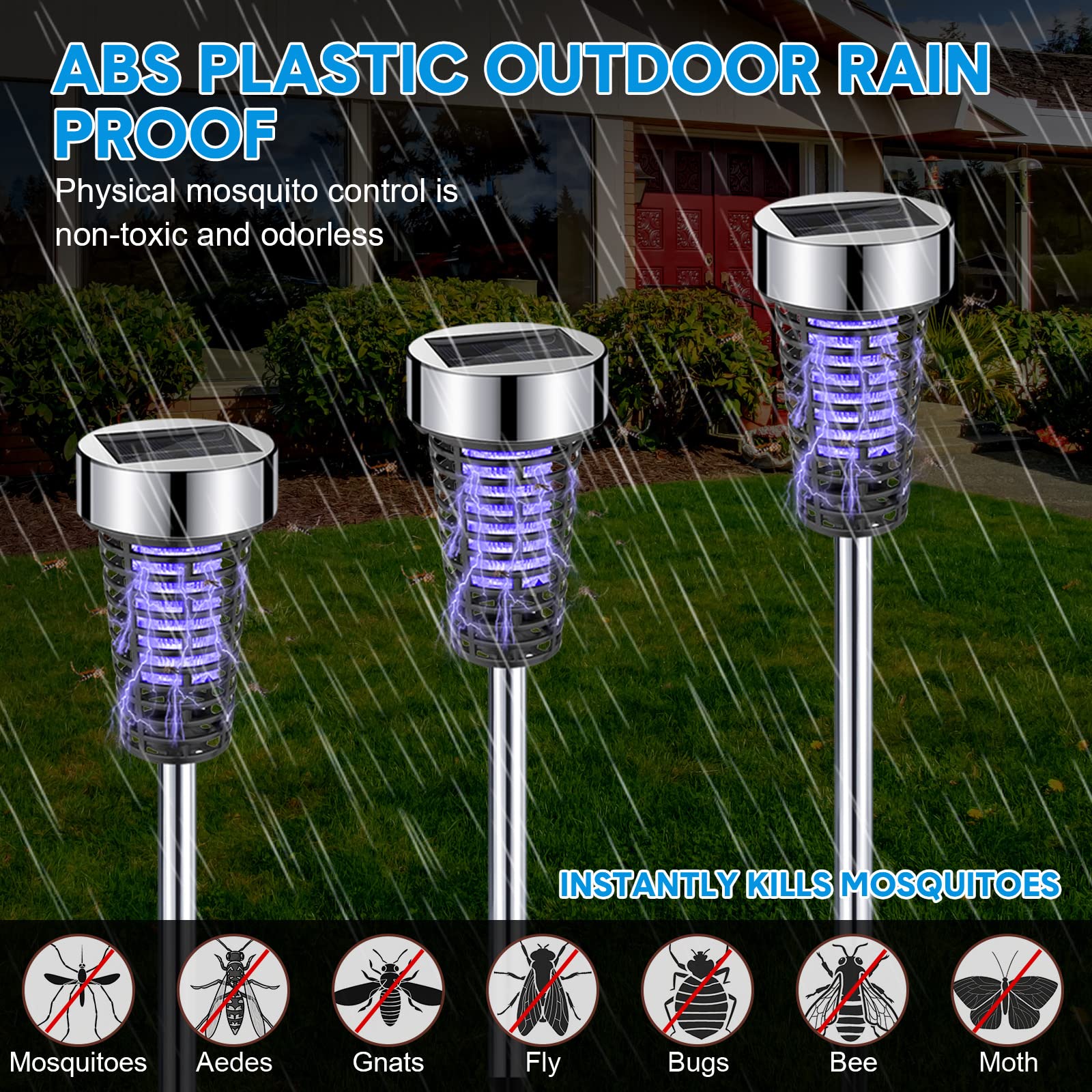 Multiple Qualirey Solar Bug Zappers set up on a patio