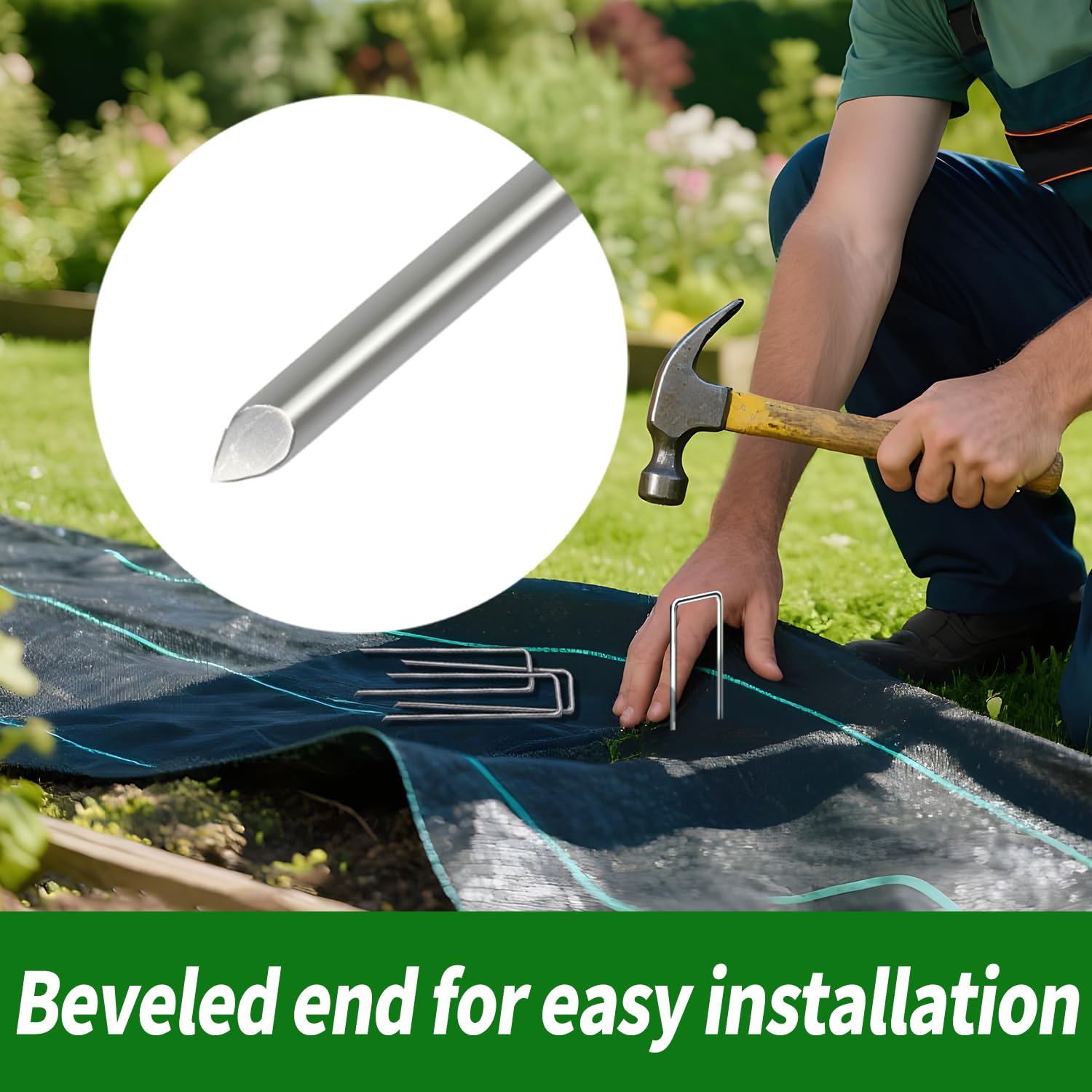 Multiple Qucuky landscape staples installed in soil
