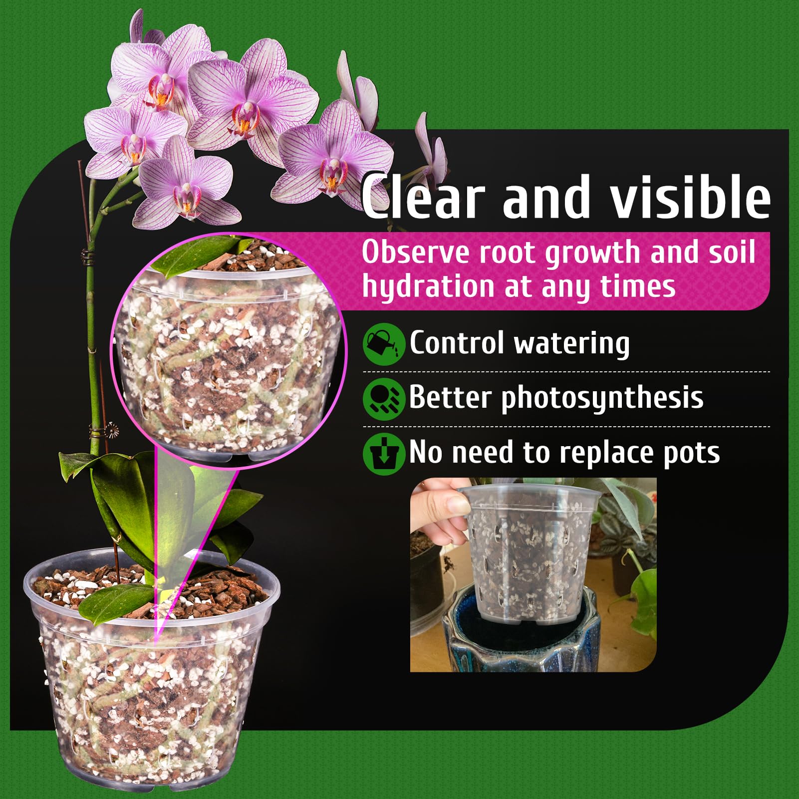 Multiple REMIAWY Orchid Pots in a gardening setup with flowers
