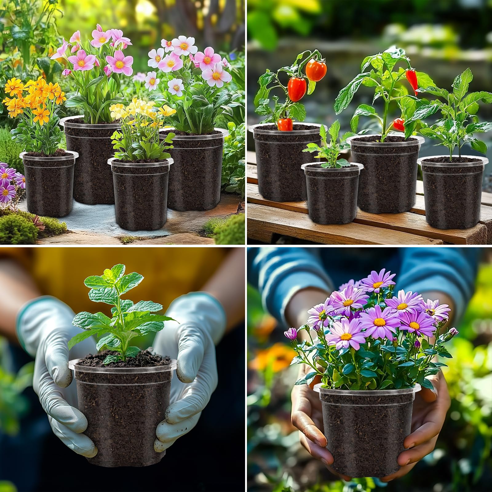 Multiple sizes of WandaQueen clear nursery pots arranged together