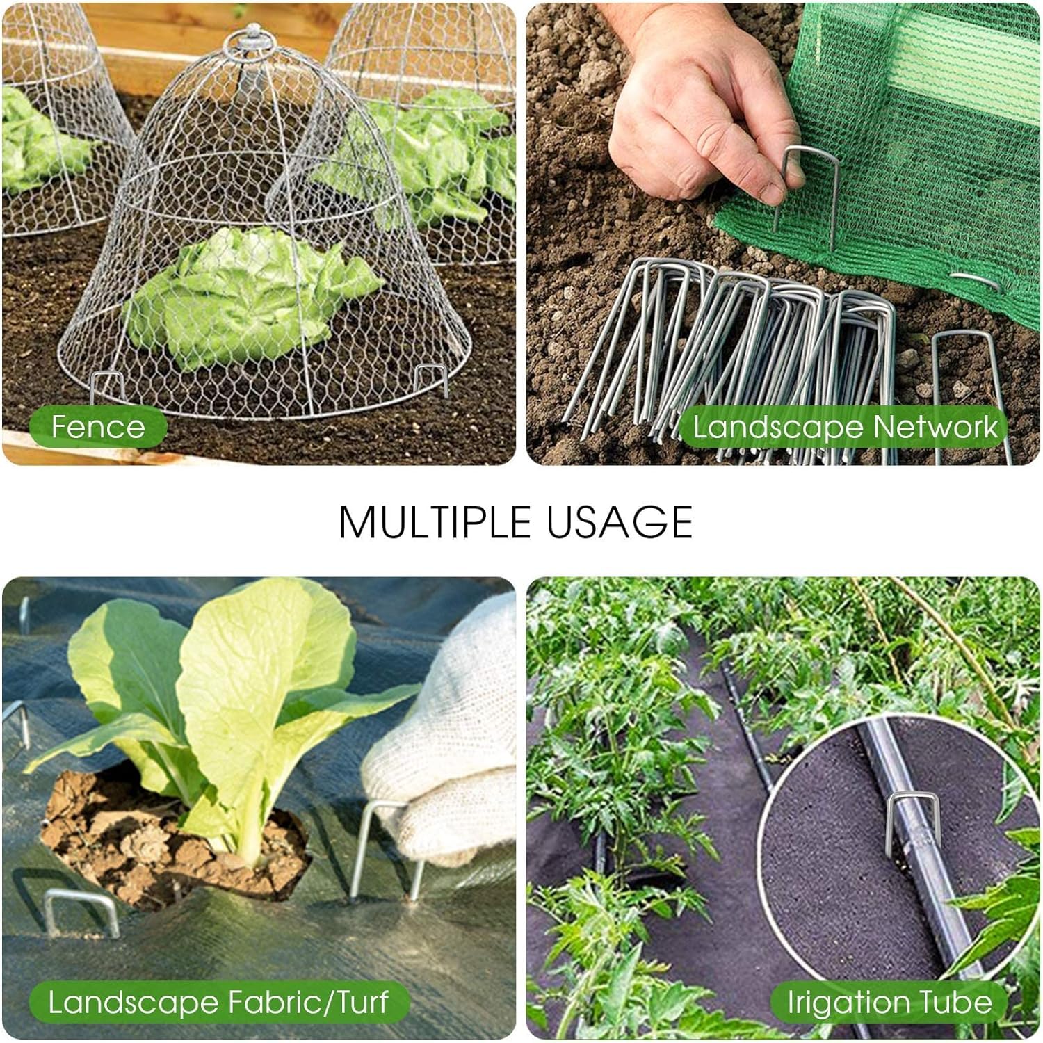Multiple UPMCT garden staples in use across a garden bed
