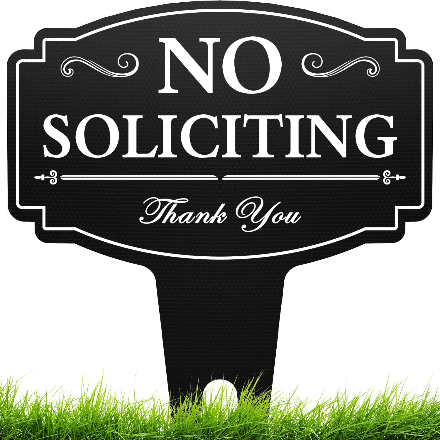 multiwins No Soliciting Sign front view, 14-inch by 11-inch, black and white design