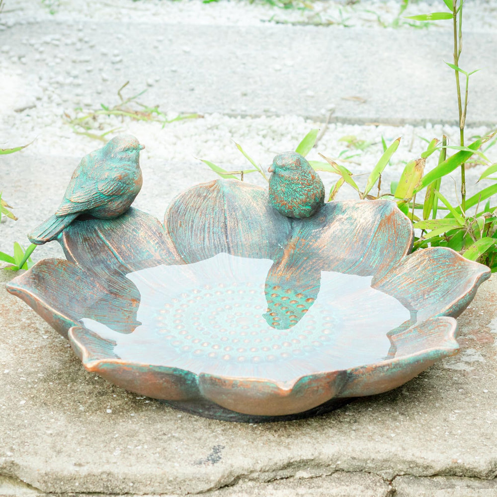 MUMTOP Bird Bath bronze resin bowl front view with floral design