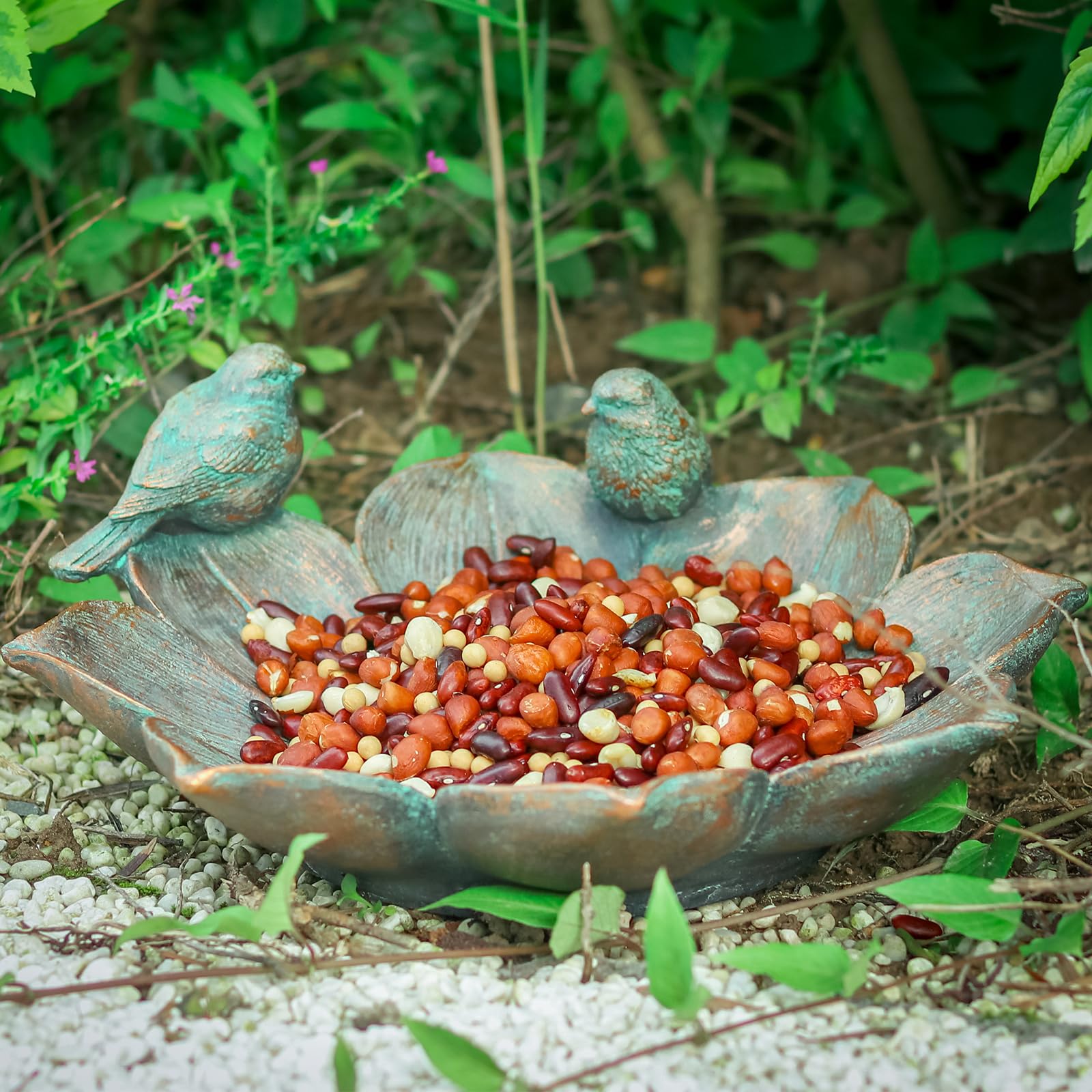 MUMTOP Bird Bath bronze resin bowl side view with bird figurines