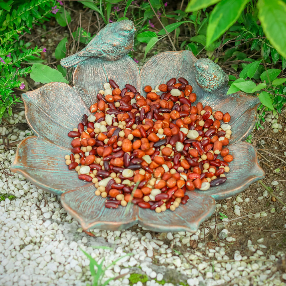 MUMTOP Bird Bath on outdoor tabletop with greenery