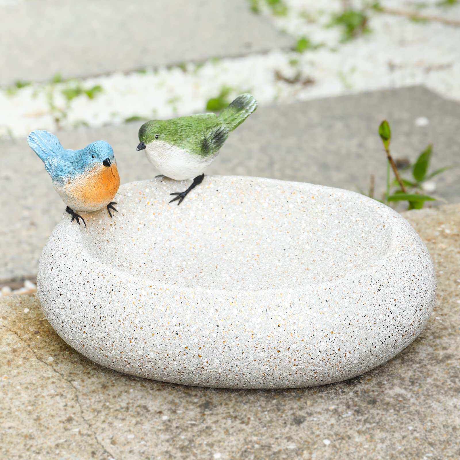 MUMTOP Bird Bath oval resin bowl in white color with bird decorations