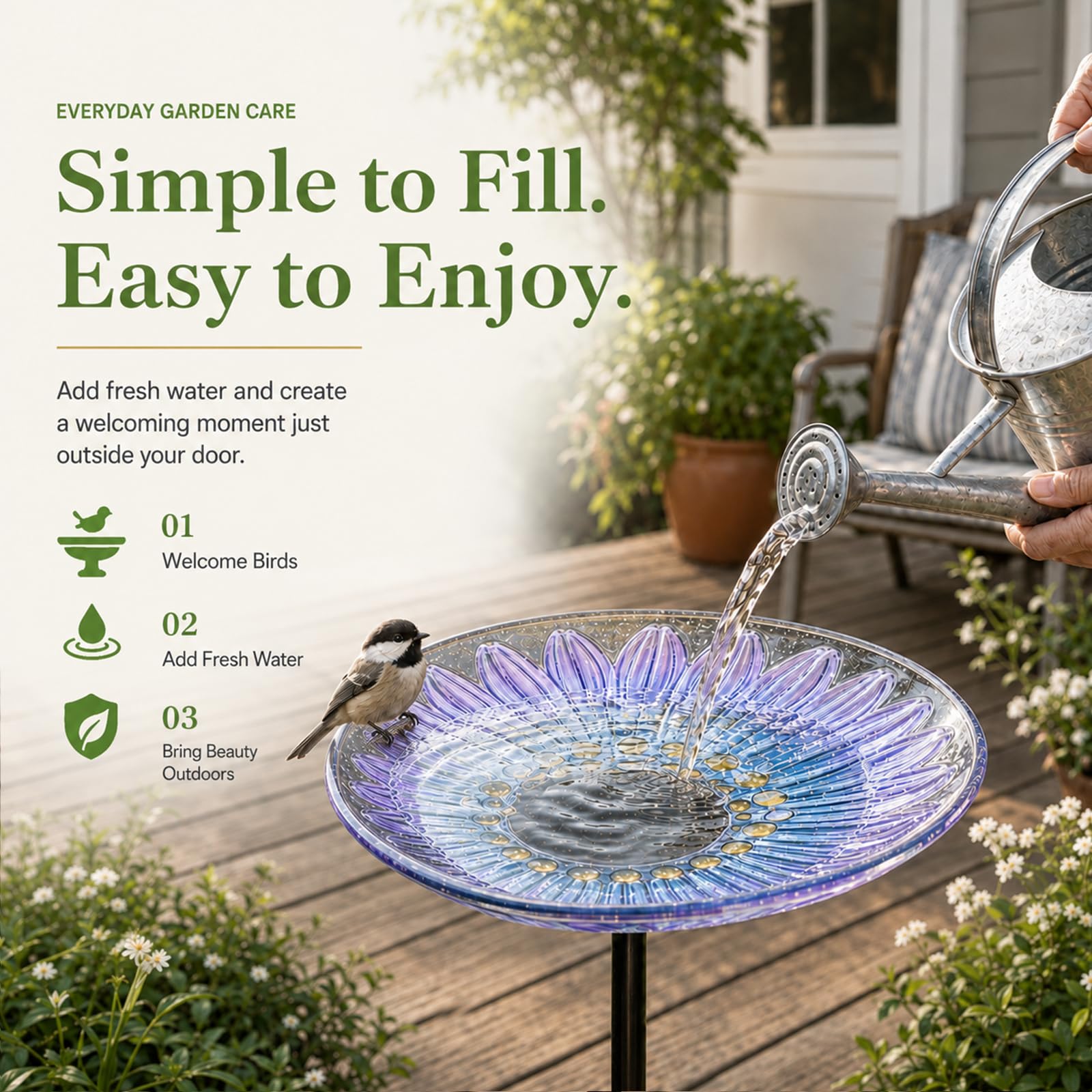 MUMTOP Bird Bath showing metal stake and three feet fork