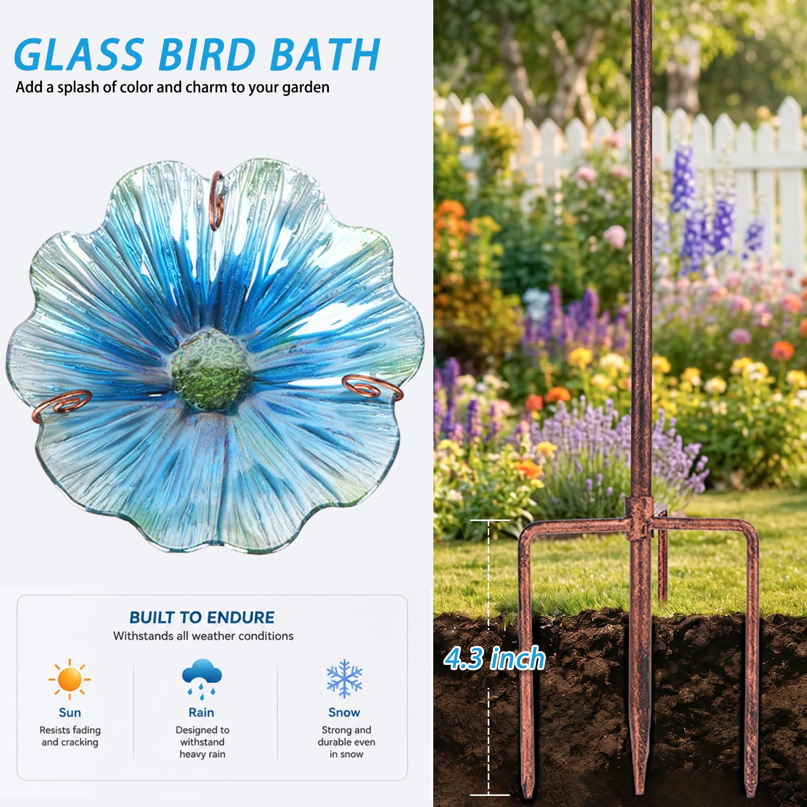 MUMTOP Birdbath in garden setting with flowers