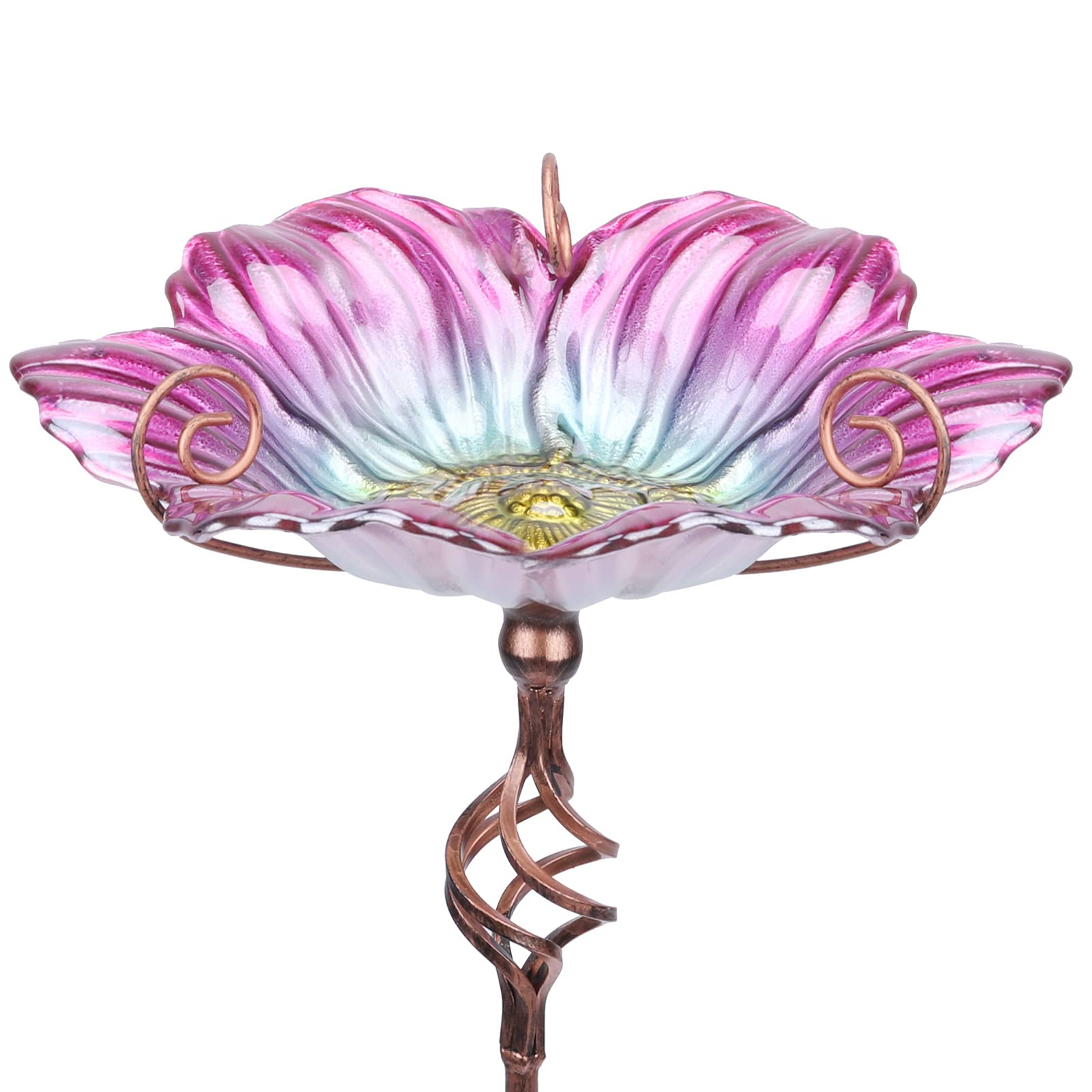 MUMTOP Glass Birdbath front view with pink bowl and metal stake