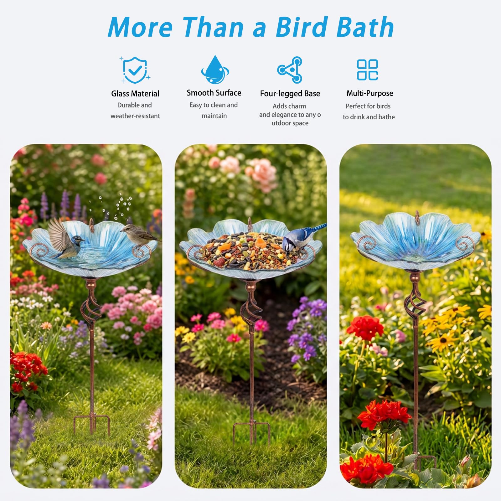 MUMTOP Glass Birdbath showing four-pronged base