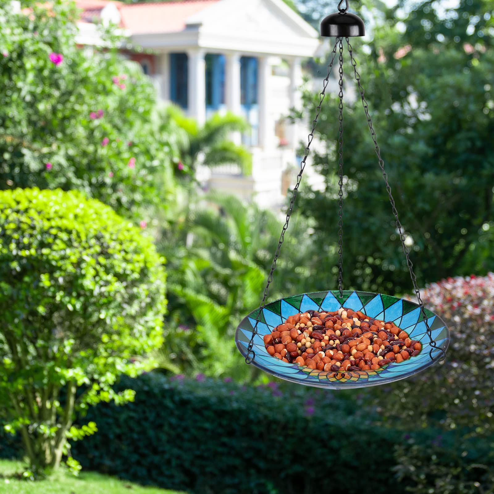 MUMTOP Hanging Bird Bath with birds bathing in it