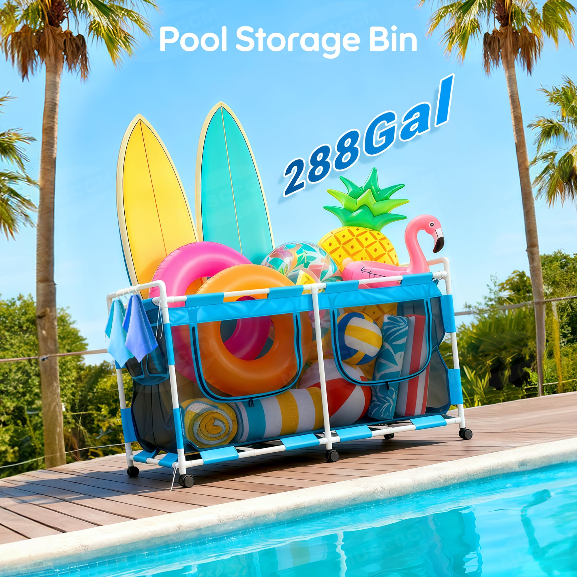 MUSCCCM Pool Float Storage Organizer showing wheels and pull rod for mobility