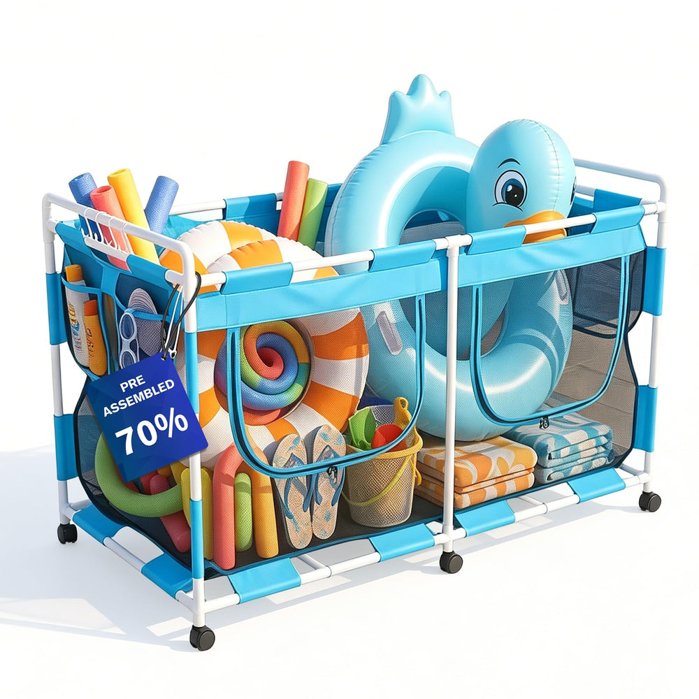 MUSCCCM Pool Float Storage Organizer side view with blue and white design