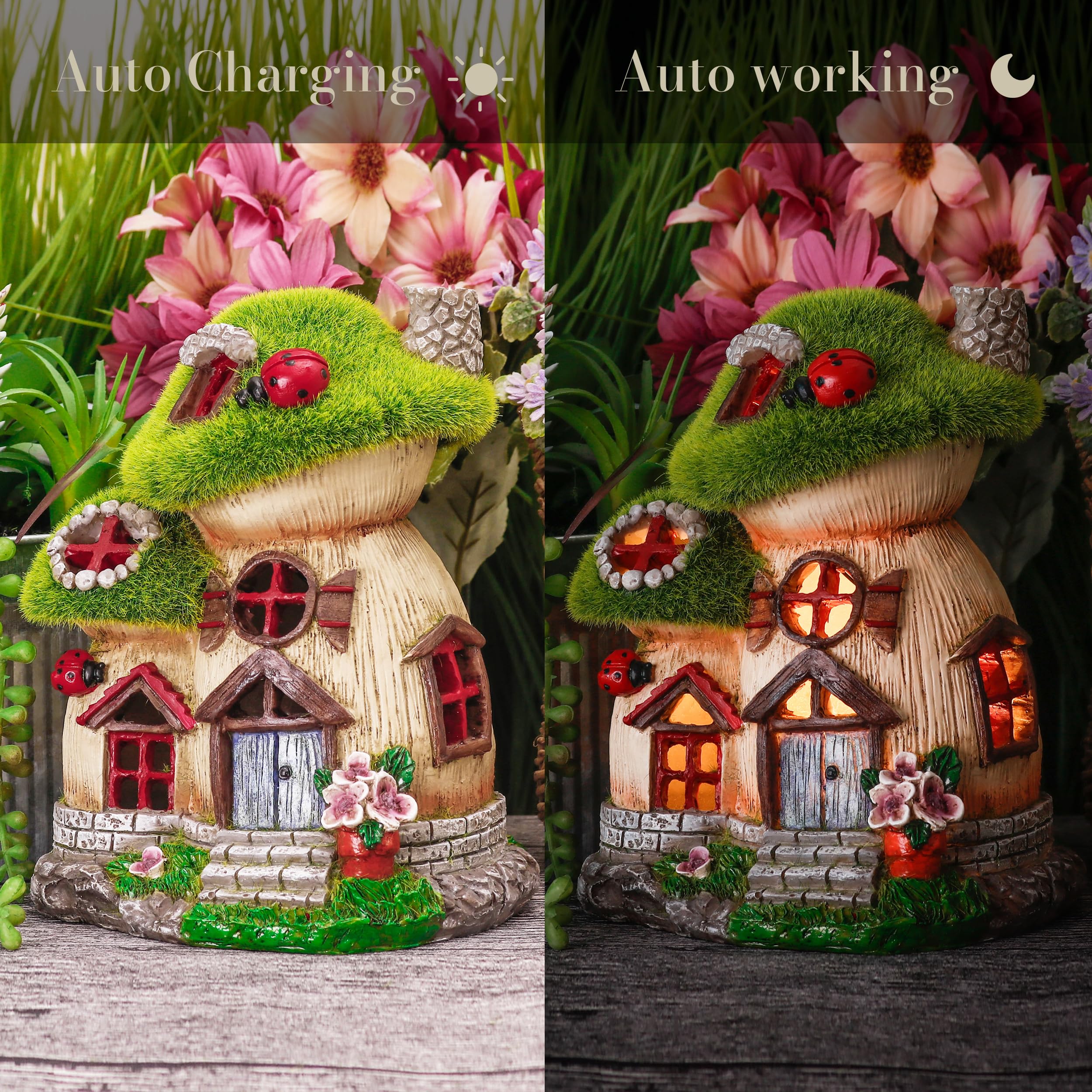 Mushroom statue showcased beside flowers in a flower bed